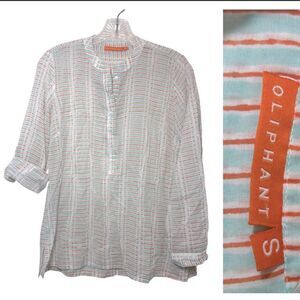 Oliphant Anthropologie ladies button up top small orange green striped casual